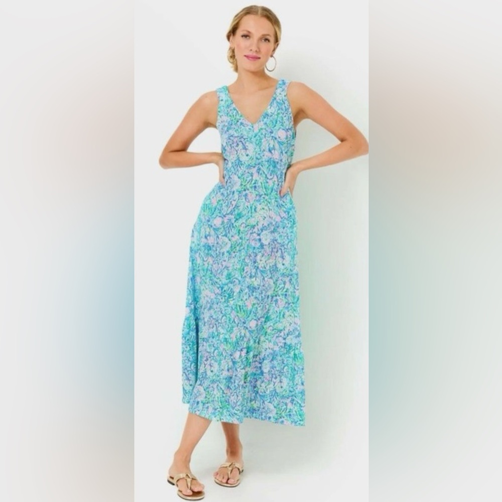 LILLY PULITZER Size XL Madsen V-neck Belted Midi Dress Cumulus Blue Chick Magnet